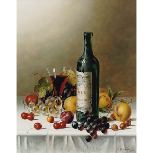Still Life with Ch. Petrus and Fruit on a Tablecloth